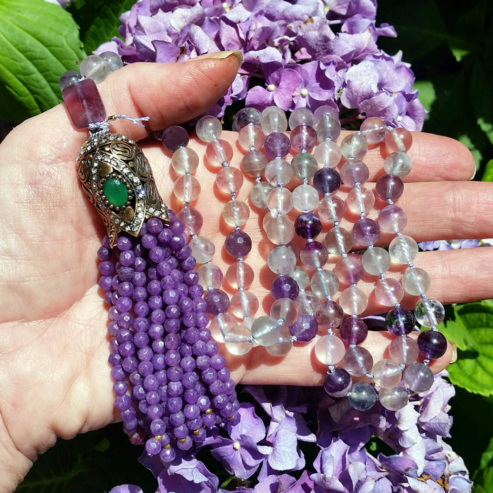 Purple Jade Gemstone Tassel MALA Necklace